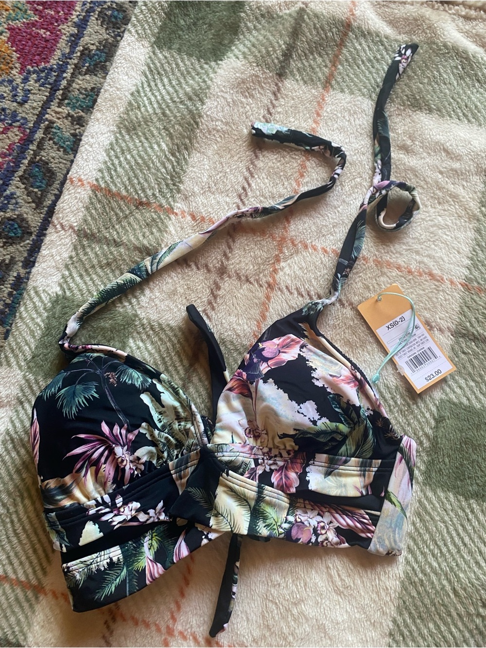 Kona Sol Black Floral Halter Bikini Top
